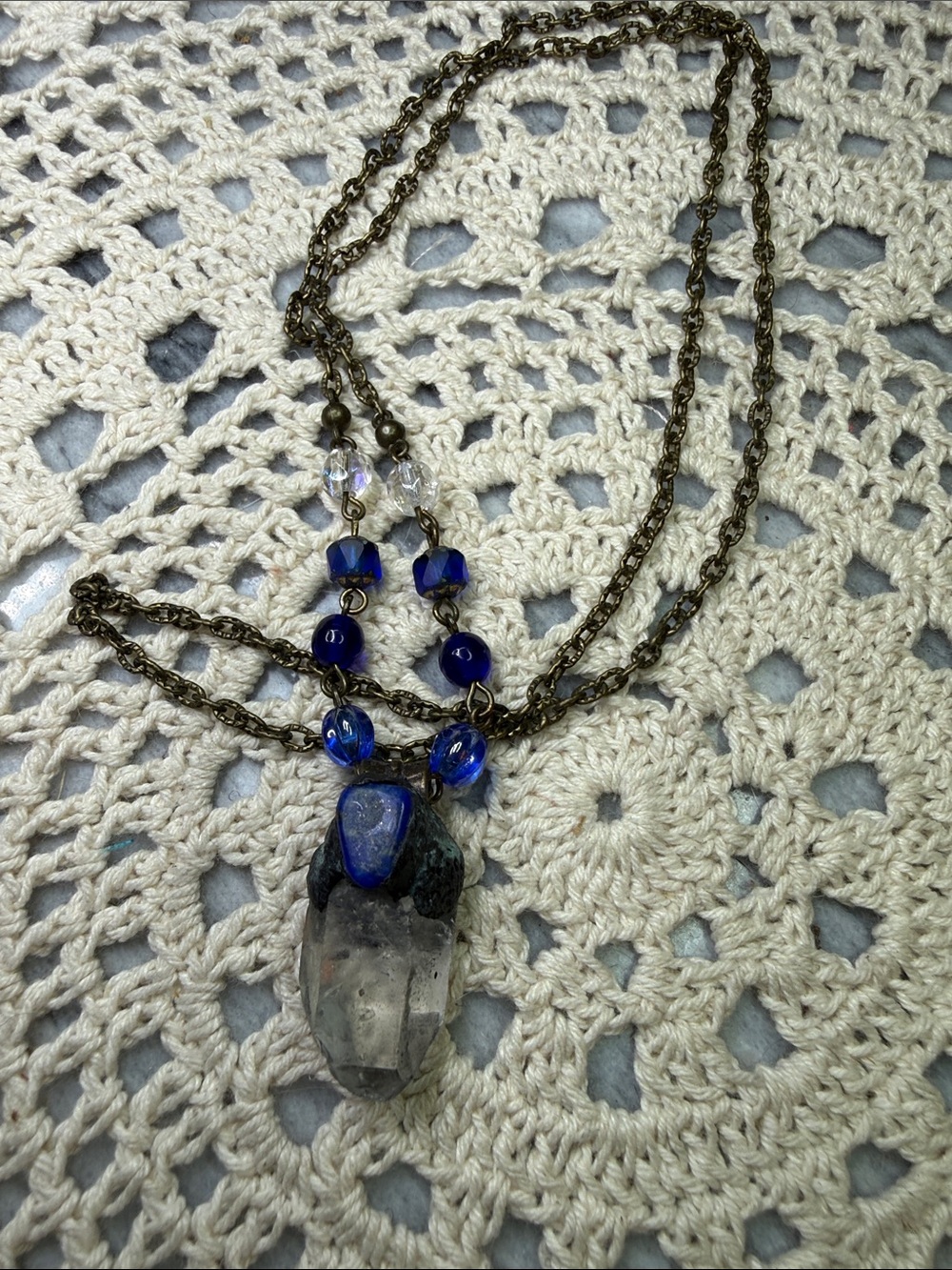 Blue glass Beaded lapis & quartz Crystal Pendant Necklace - Unbranded